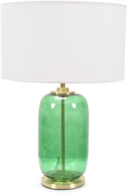 Forest Green Glass Table Lamp Gold Detail White Drum Shade LED Light