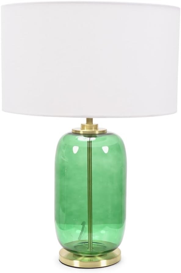 Forest Green Glass Table Lamp Gold Detail White Drum Shade LED Light