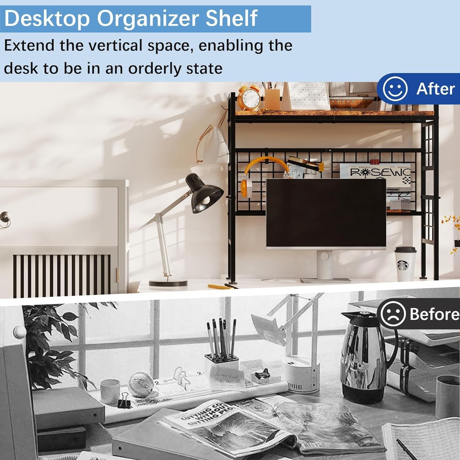 32.9" Metal Desk Hutch Shelf with Grid Panel | 2-Tier Desktop Organizer Rack