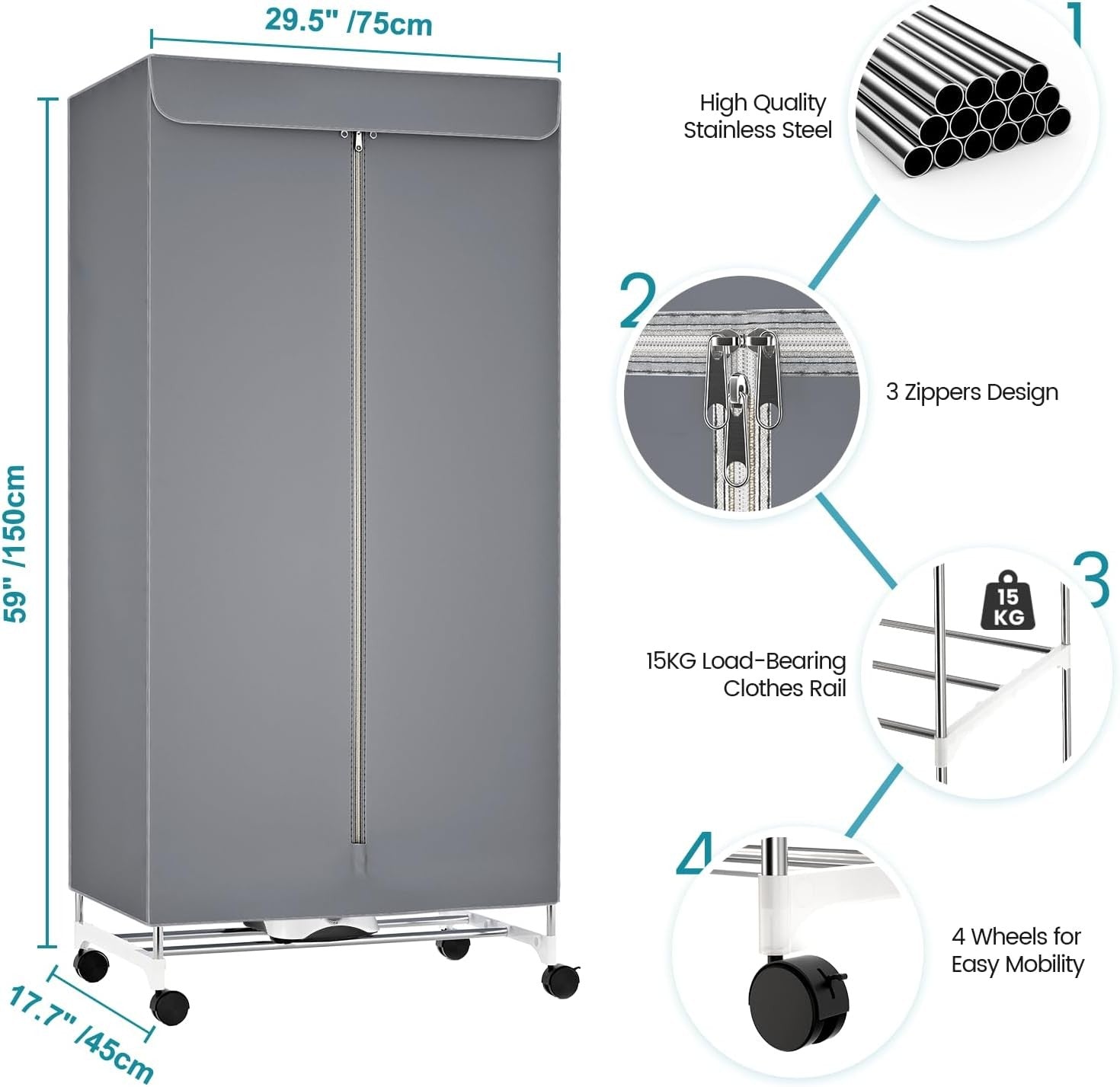1000W Heated Clothes Airer With Cover Electric Indoor Dryer 2 Tier Timer