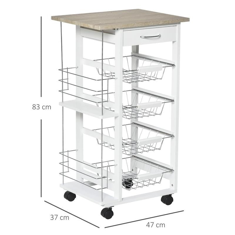Rolling Kitchen Cart Storage Trolley with 4 Baskets, Drawer & Wheels