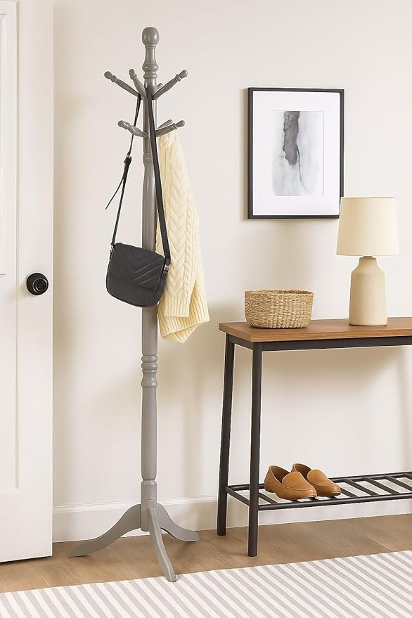 Grey Wooden Coat Stand with 9 Hooks | Solid Wood Freestanding Coat Rack for Hats