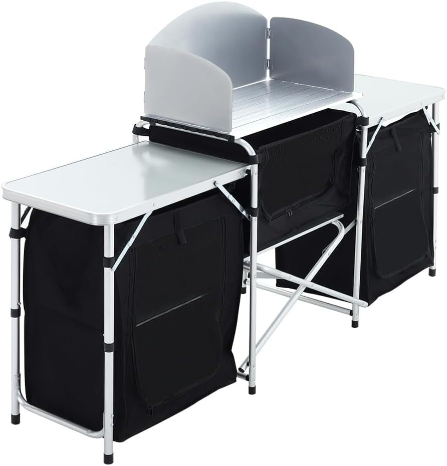 Outdoor Camping Kitchen Cupboard with 5 Shelves & Windshield Stove Table