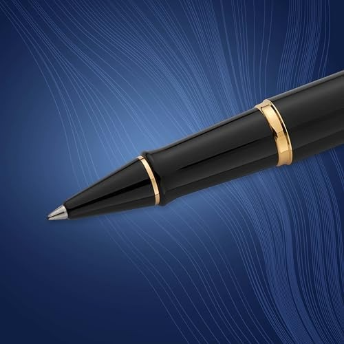 Luxury Rollerball Pen Gloss Black Gold Trim Fine Nib Gift
