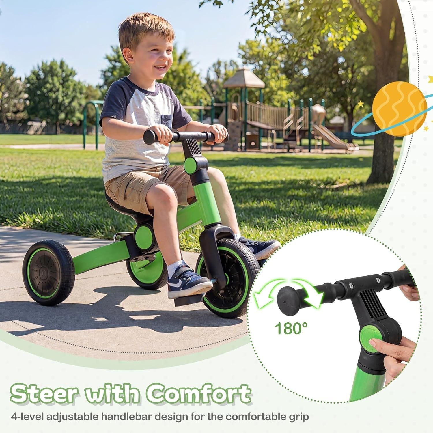 4 in 1 Kids Tricycle Balance Bike Foldable Adjustable Handle Green