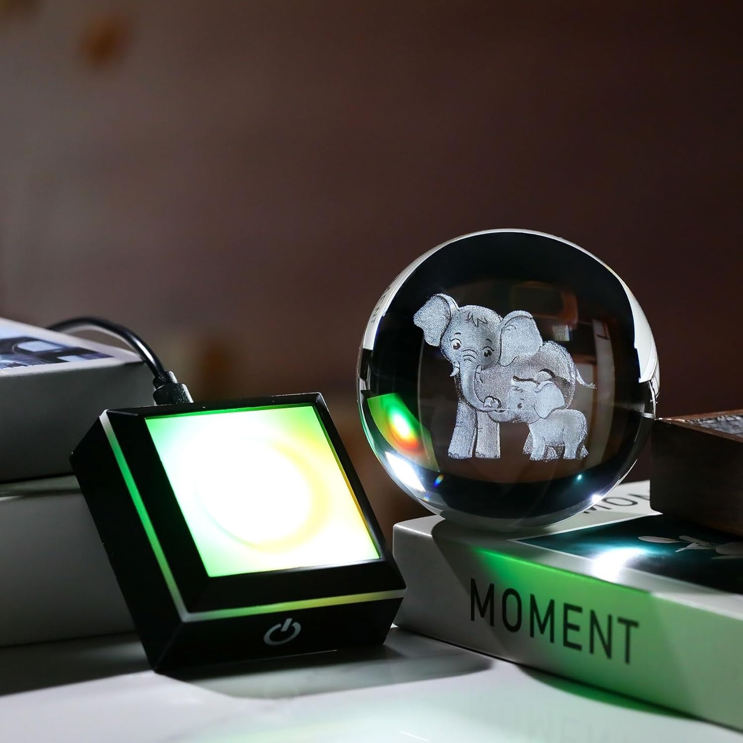 3D Crystal Elephant LED Globe 8cm Light Up Ornament Gift for Mum Family Decor