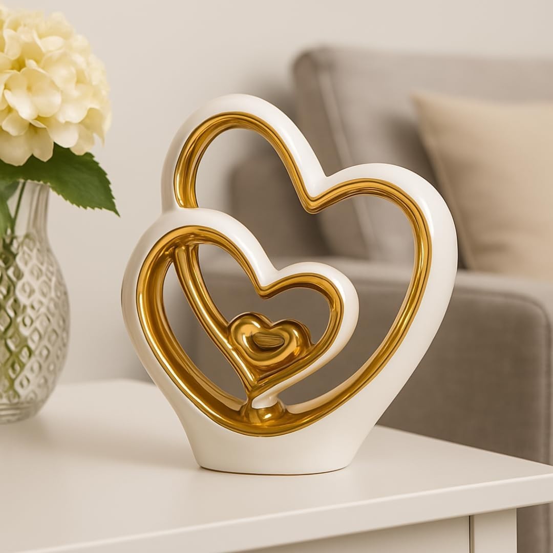 Gold Heart Ornament Modern Ceramic Sculpture Wedding Gift Home Decor 25.5cm