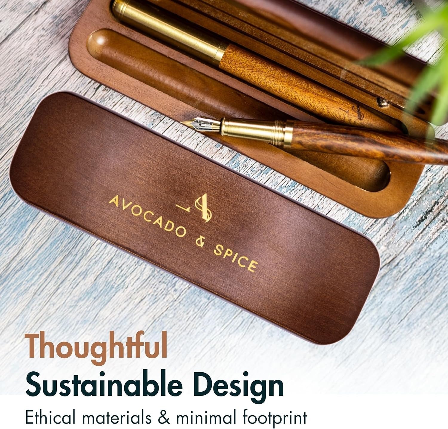 Luxury Fountain & Rollerball Pen Set Brass Sandalwood Gift Box