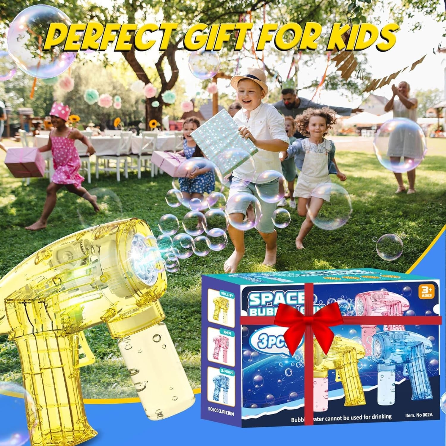 3 Pack Bubble Guns with LED Lights Kids Party Toy Set