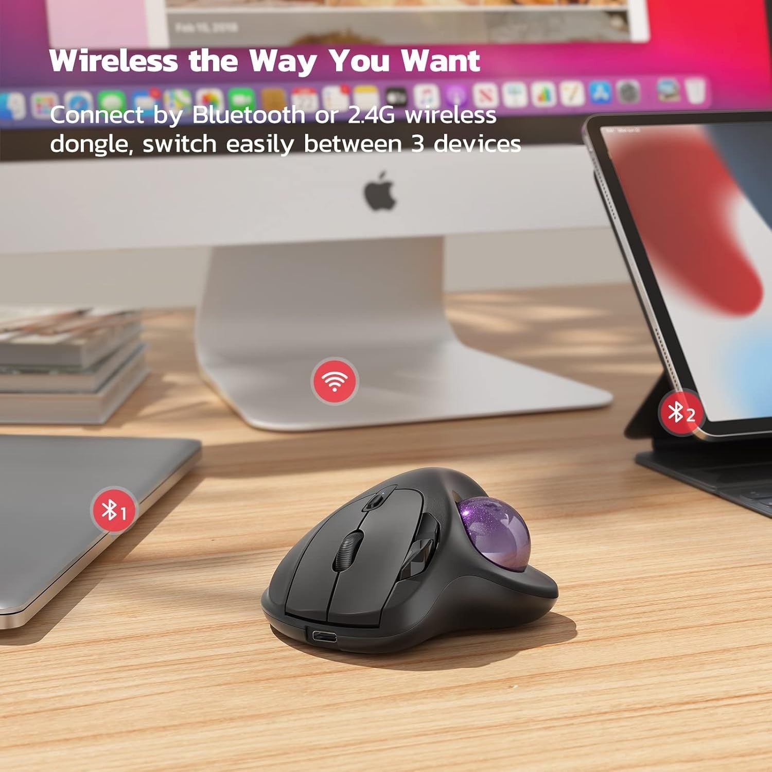 Ergonomic Wireless Trackball Mouse Rechargeable Bluetooth 3-Device PC