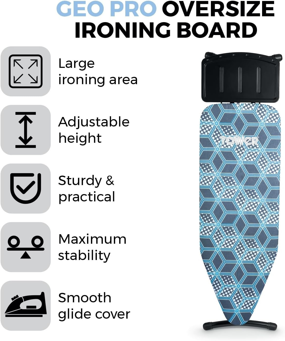 Oversize Ironing Board Adjustable Height Large Surface Non Slip Feet