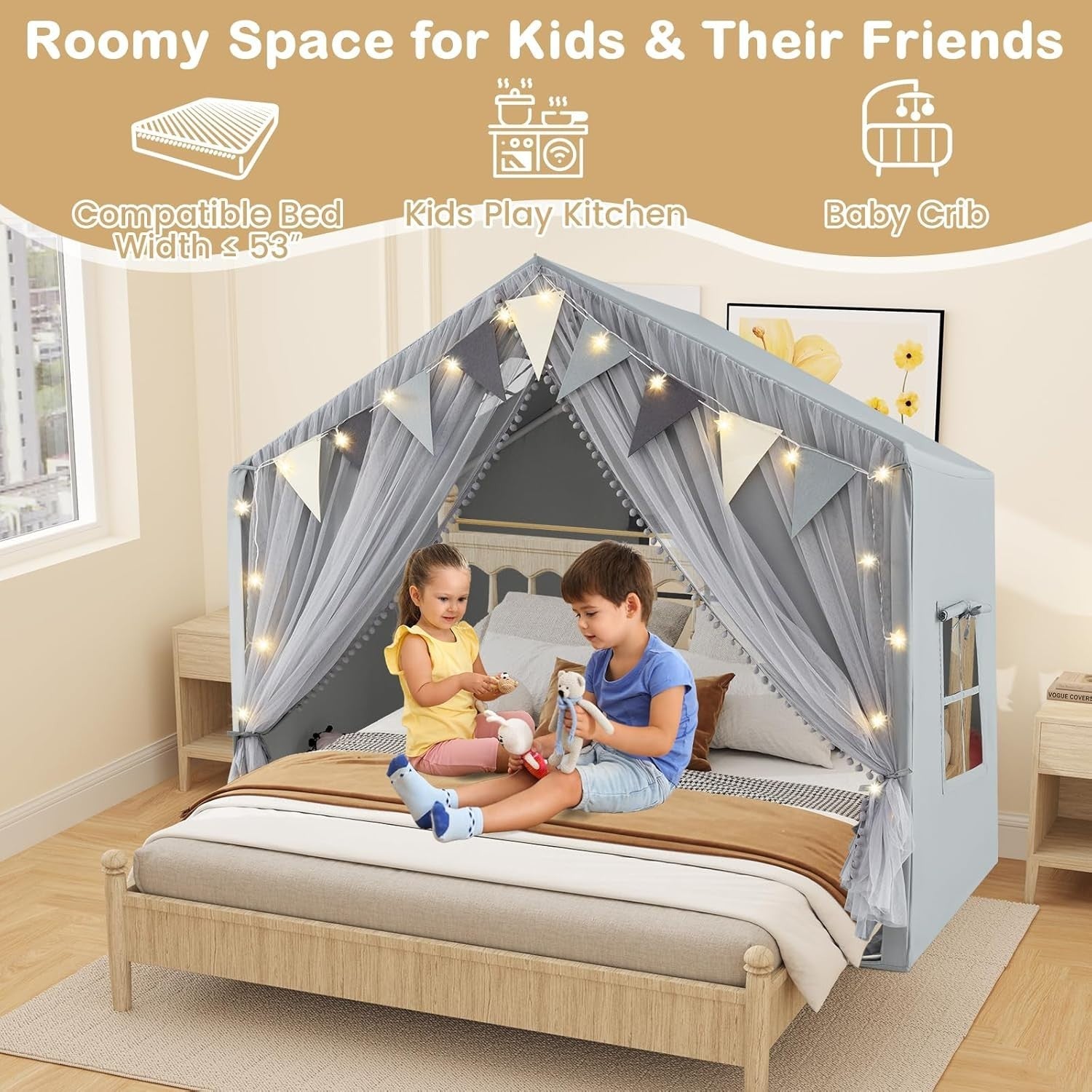 Grey Kids Fairy Castle Tent Indoor Outdoor Playhouse w Lights Mat