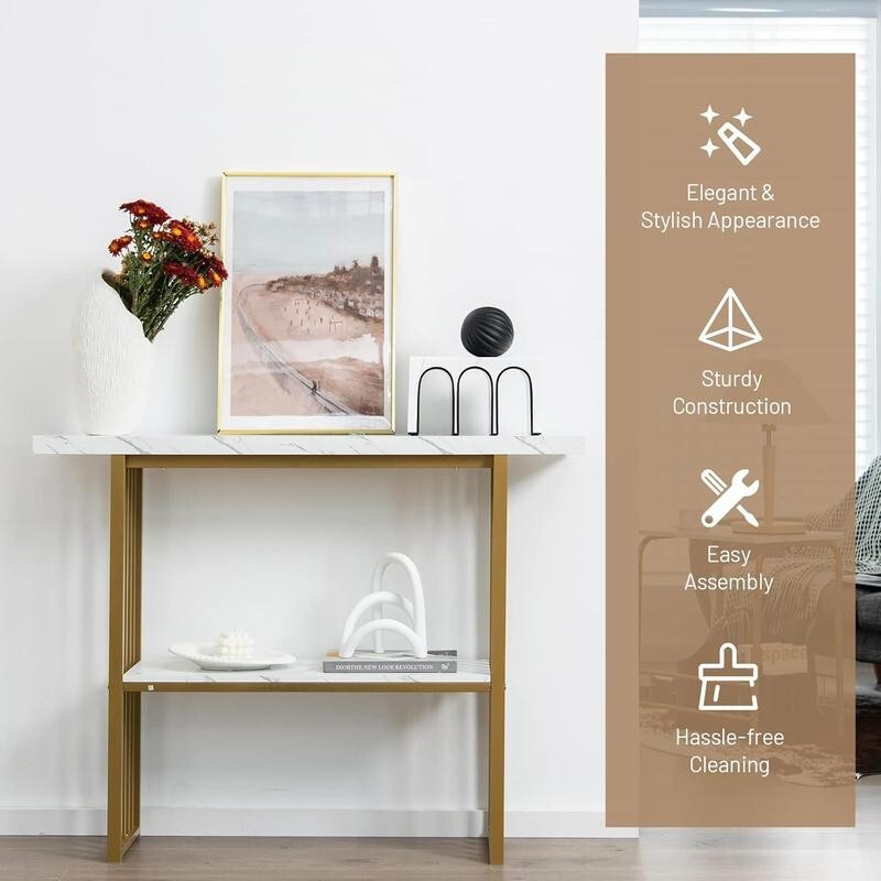120cm Faux Marble Console Table – 2-Tier Gold Frame Hallway Display Unit