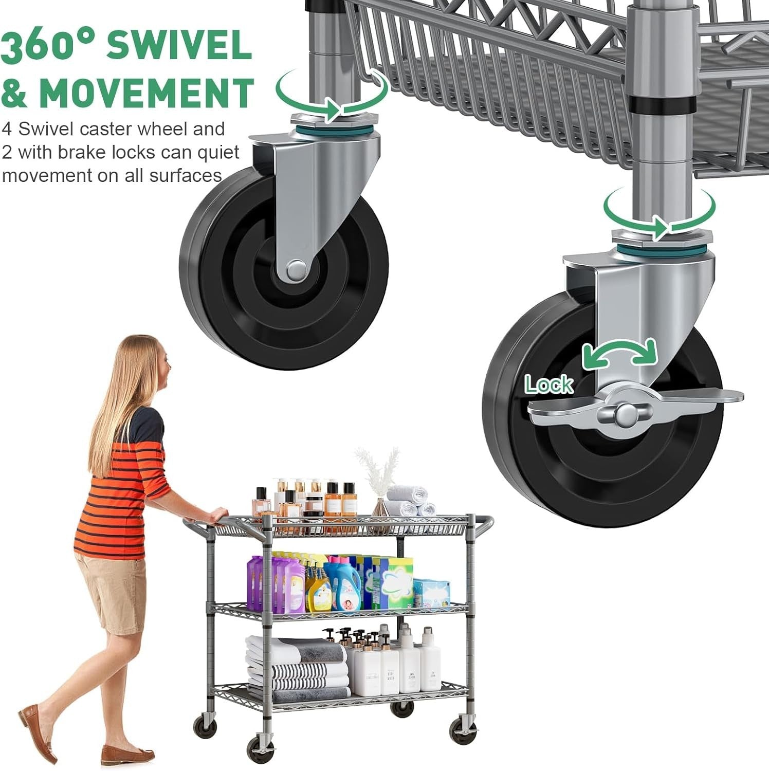 Heavy Duty 3 Tier Wire Utility Cart 449kg Wheels