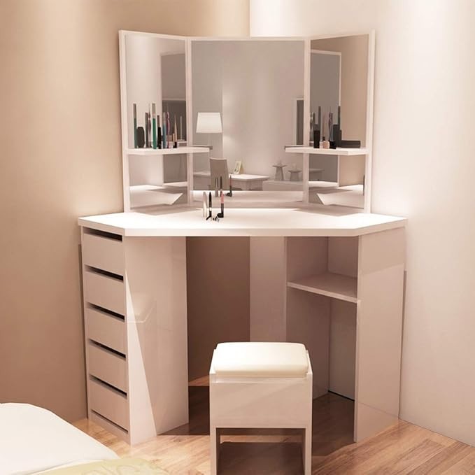 Corner Dressing Table Set White 3-Sided Mirror 5 Drawer MDF Makeup Vanity