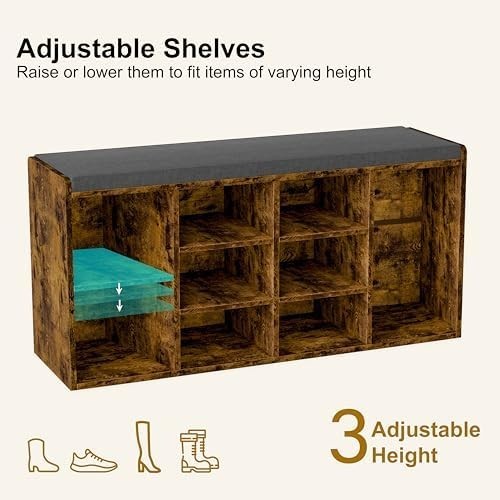 Rustic Shoe Storage Bench with Cushion Seat 9 Cubes Adjustable Shelves Entryway
