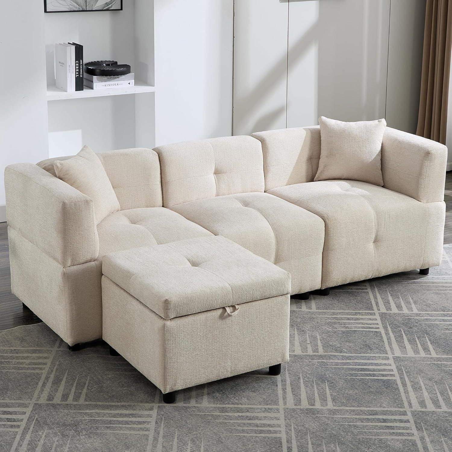 4-Seat L-Shaped Corner Sofa with Storage Ottoman, Removable Cushions, Beige