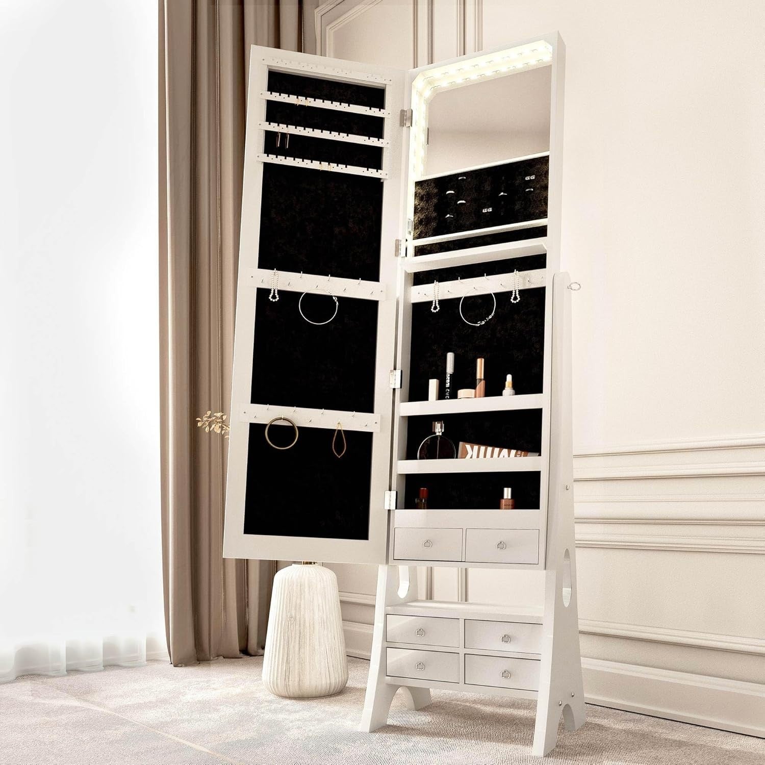 White LED Jewellery Storage Cabinet Full Length Mirror with Drawers
