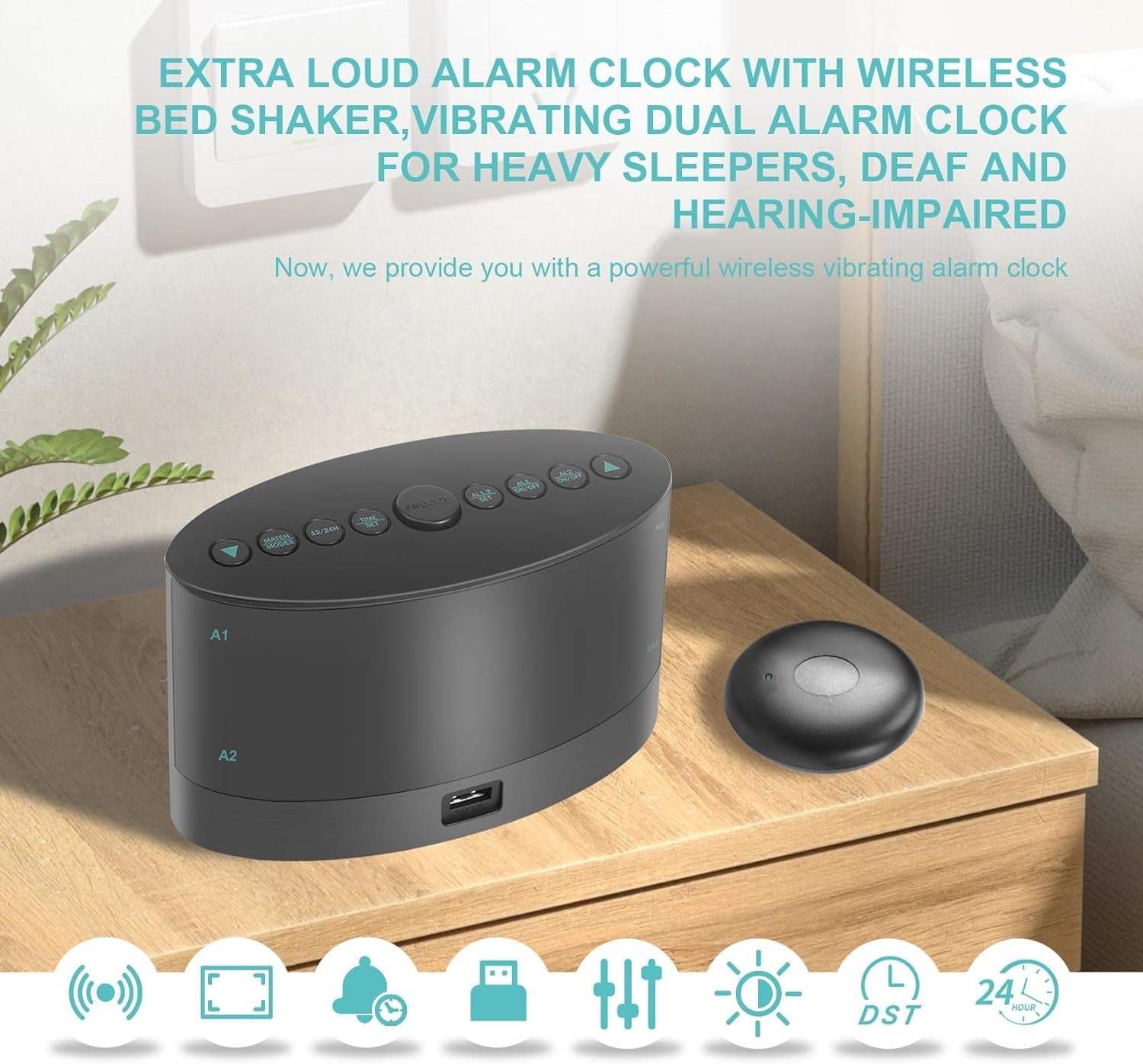 Extra Loud Alarm Clock with Bed Shaker Wireless Heavy Sleepers Black