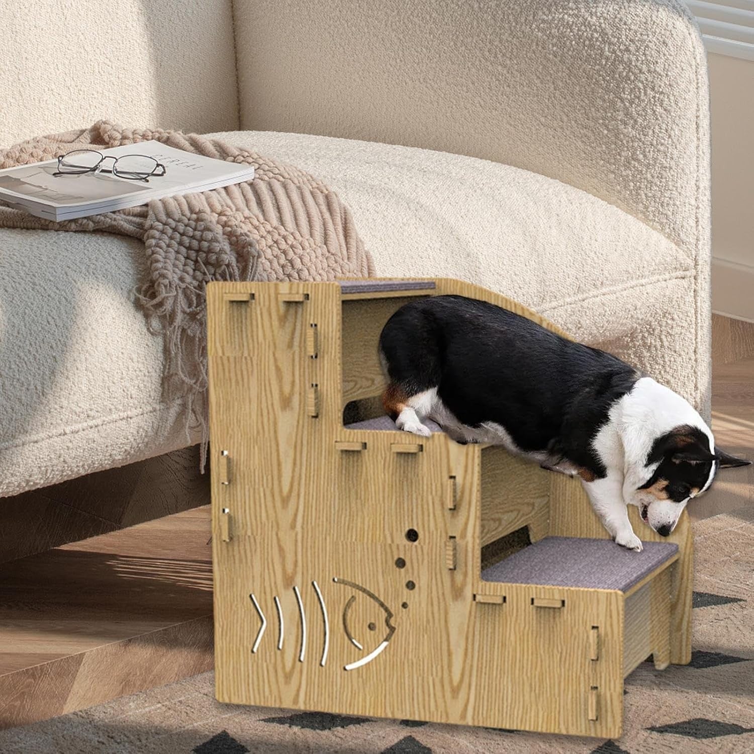 3‑Step Wooden Pet Stairs & Ramp for Couch Bed – Non‑Slip Safe Steps