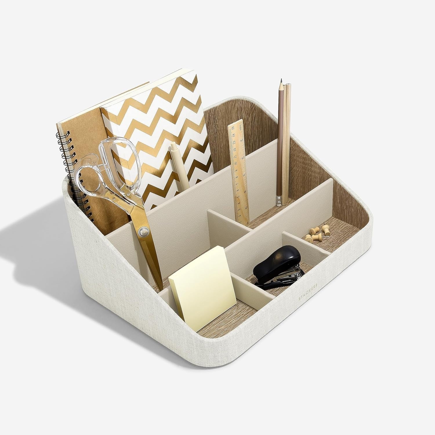 Desk Organiser 2-Tier PU & Linen Storage Box for Stationery & Office
