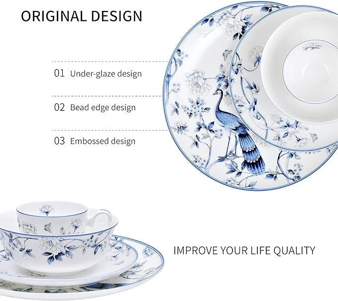 16pc Fine Bone China Dinnerware Set Blue White Plates Bowls Cups Service for 4