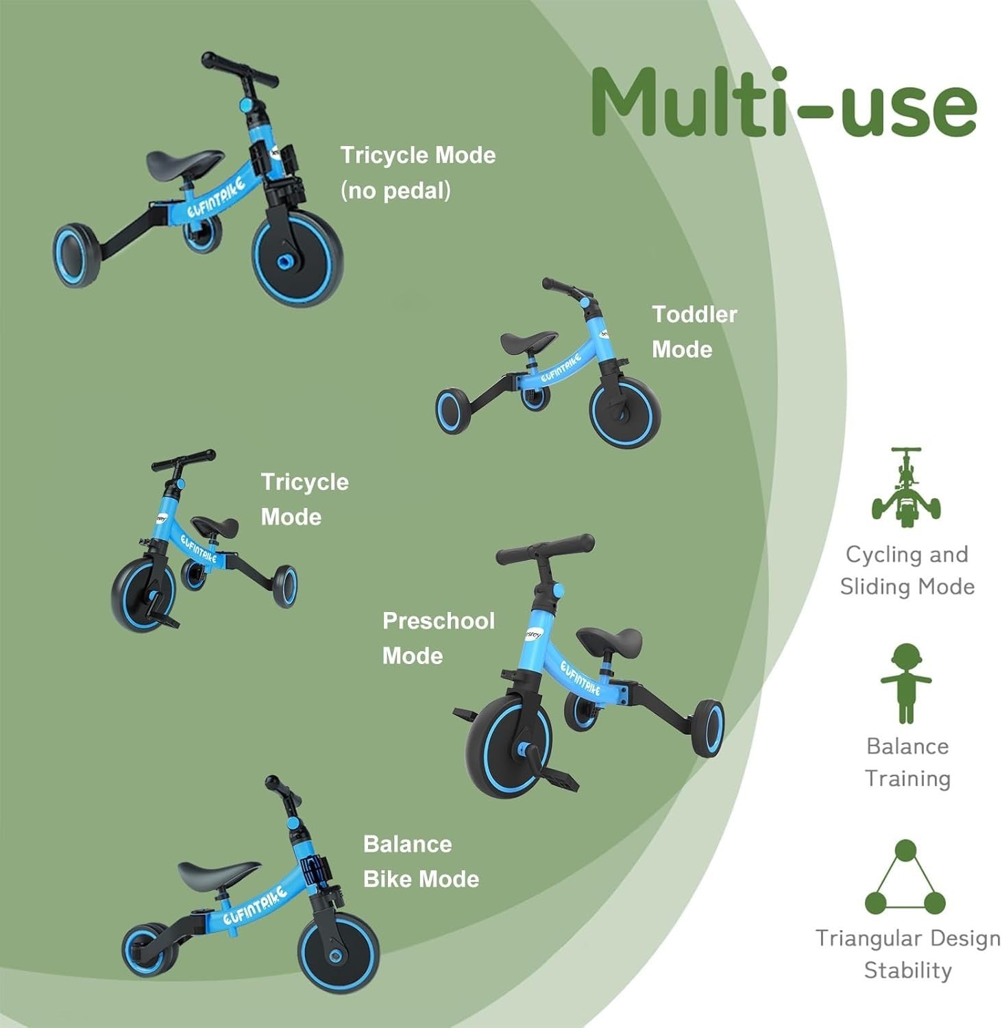 5 In 1 Toddler Tricycle Balance Bike Kids Ride On Removable Pedals Blue
