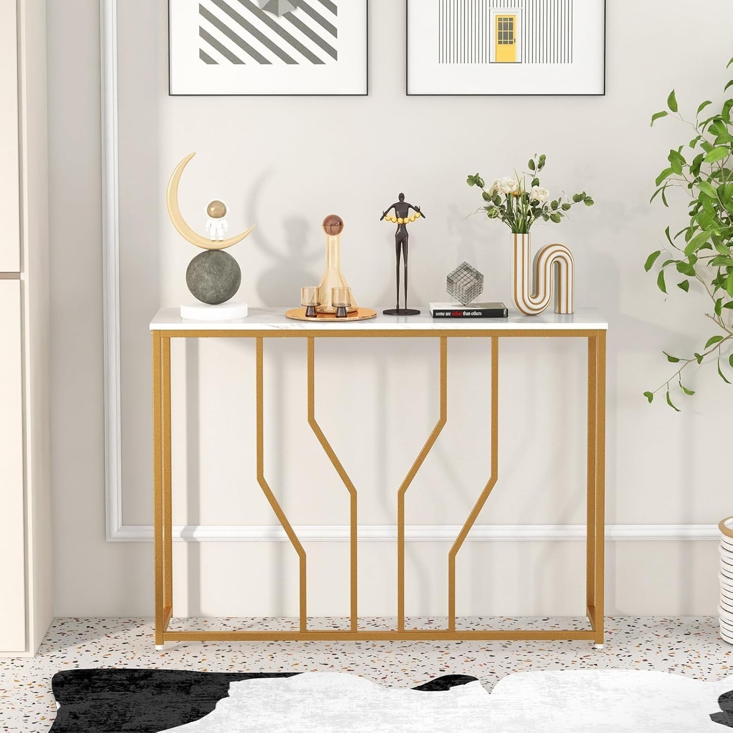 Slim Faux Marble Console Table 110cm Long Metal Frame Accent Shelf