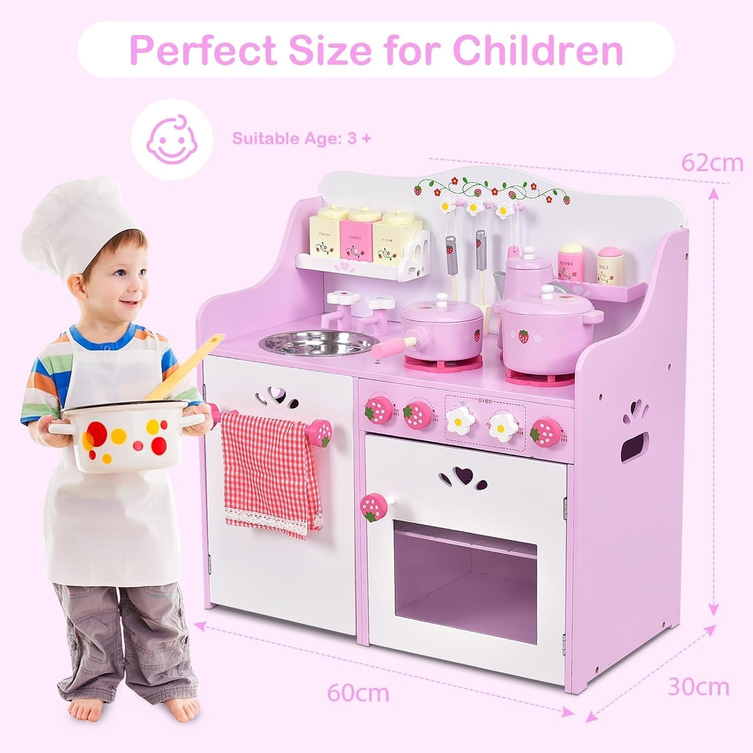 Kids Wooden Play Kitchen Pink Pretend Cooking Set w/ 13 Accessories