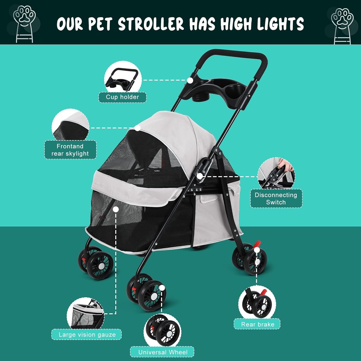 Pet Stroller for Dogs & Cats 4 Wheel Foldable Travel Pram Mesh