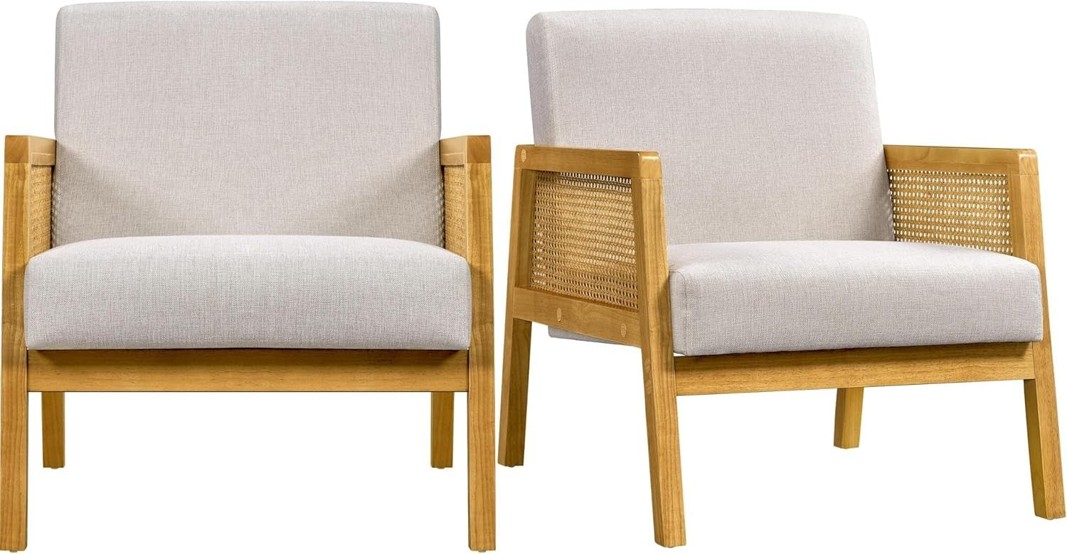 Set of 2 Linen Fabric Accent Armchairs Modern Indoor Chairs with Cane Sides