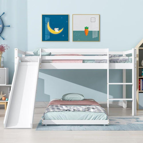Kids Cabin Bunk Bed with Slide & Ladder Adjustable Wood Frame White 90x200