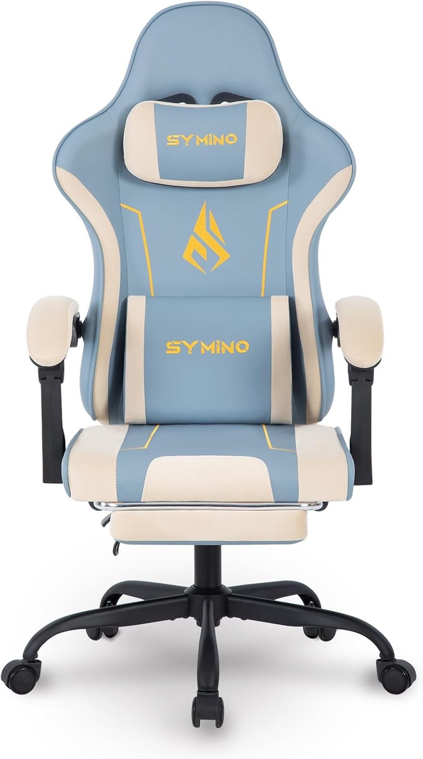 Ergonomic Gaming Chair Recliner w/ Footrest Lumbar PU Leather Blue