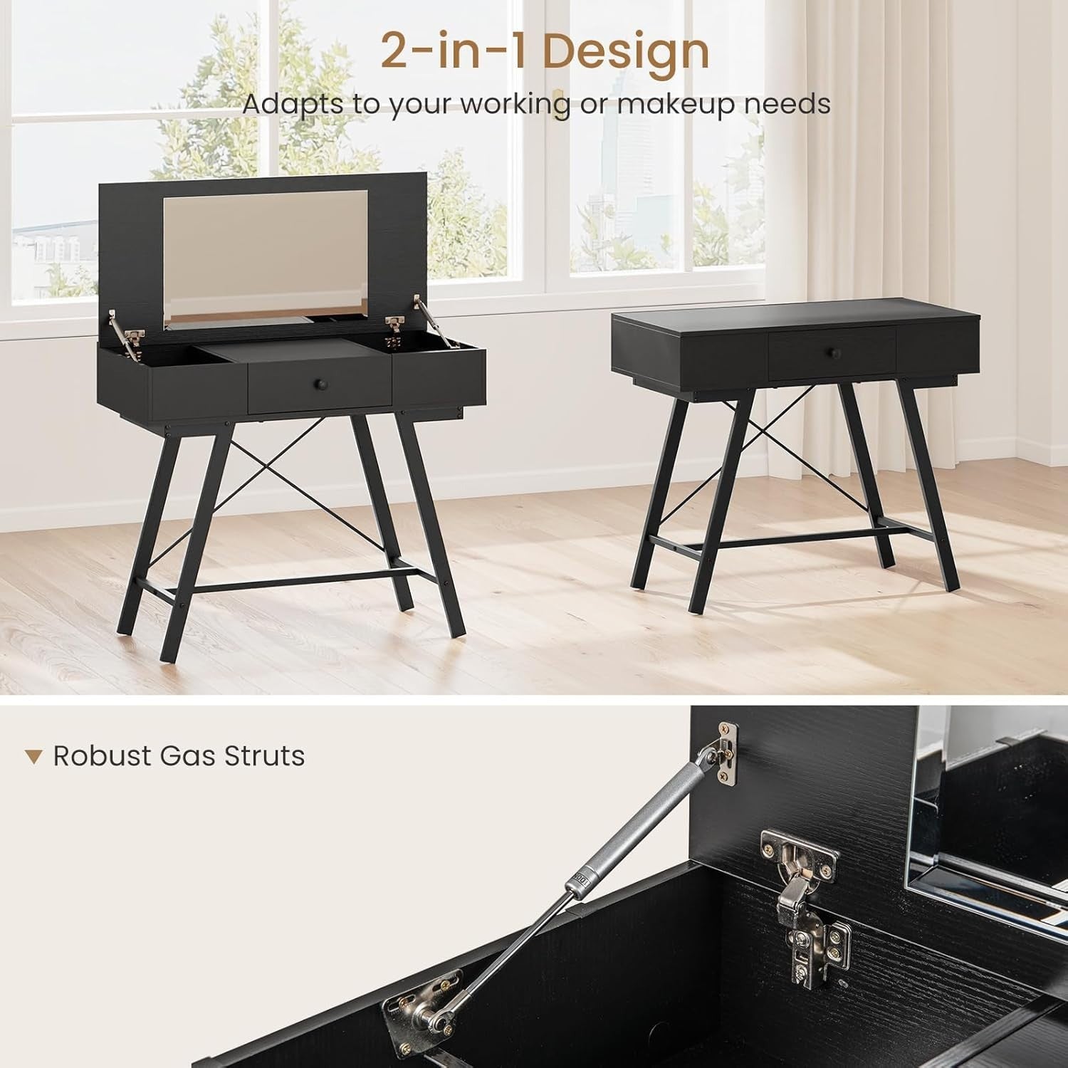 Dressing Table with Mirror Flip Top & Charging Station Vanity Desk Drawers