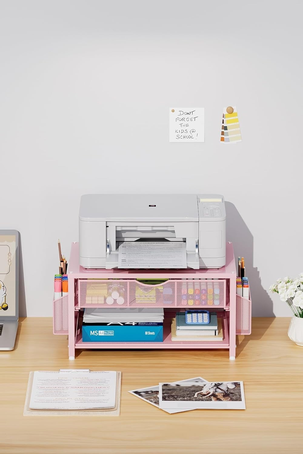 2-Tier Pink Desktop Printer Stand with Drawer, Pen & Paper Organizer