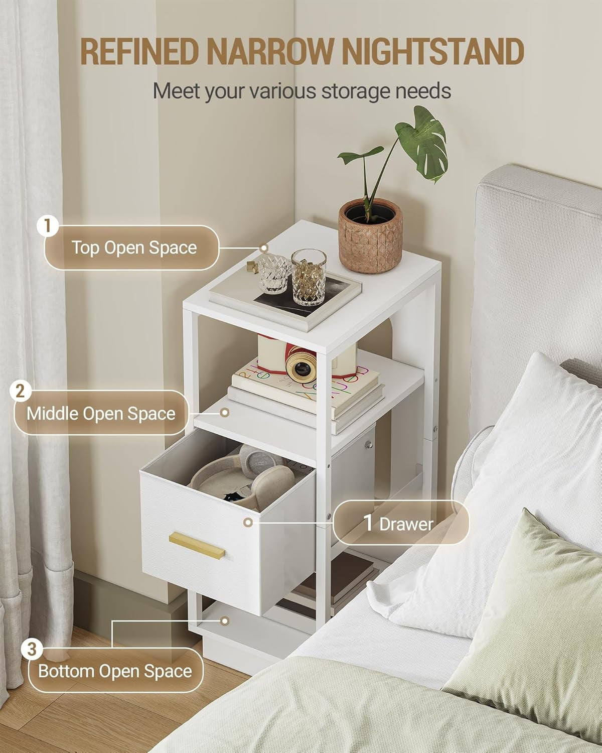 Set of 2 Slim White Bedside Tables – Modern Narrow Nightstands w/ Drawer & Shelv