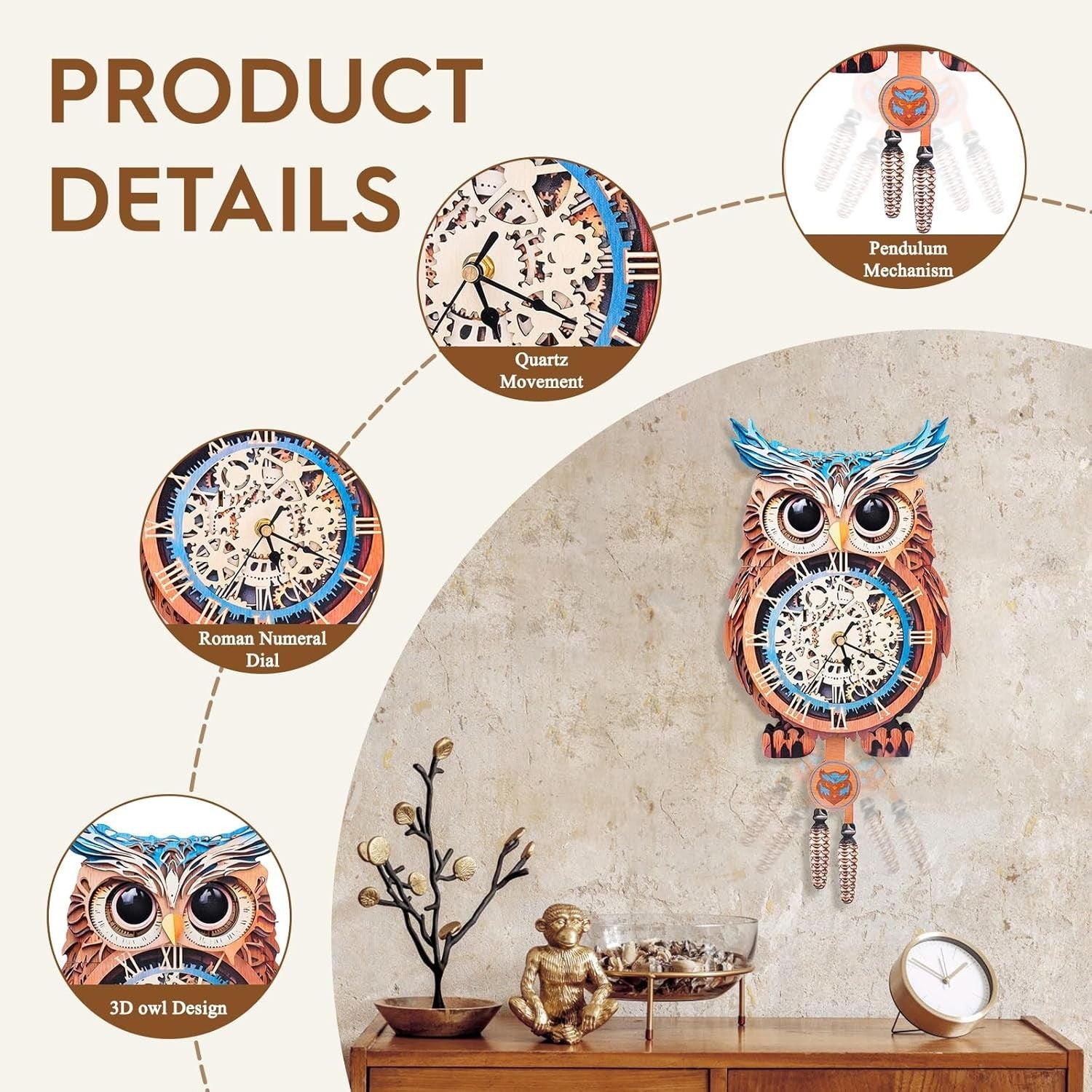 3D Owl Clock Puzzle Wooden Wall Art Timepiece DIY Home Decor Gift