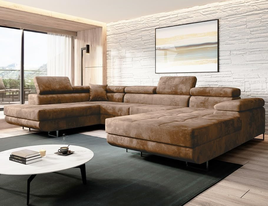 U Shape Corner Sofa Bed with Storage Beige Large Sleeping Function Modern