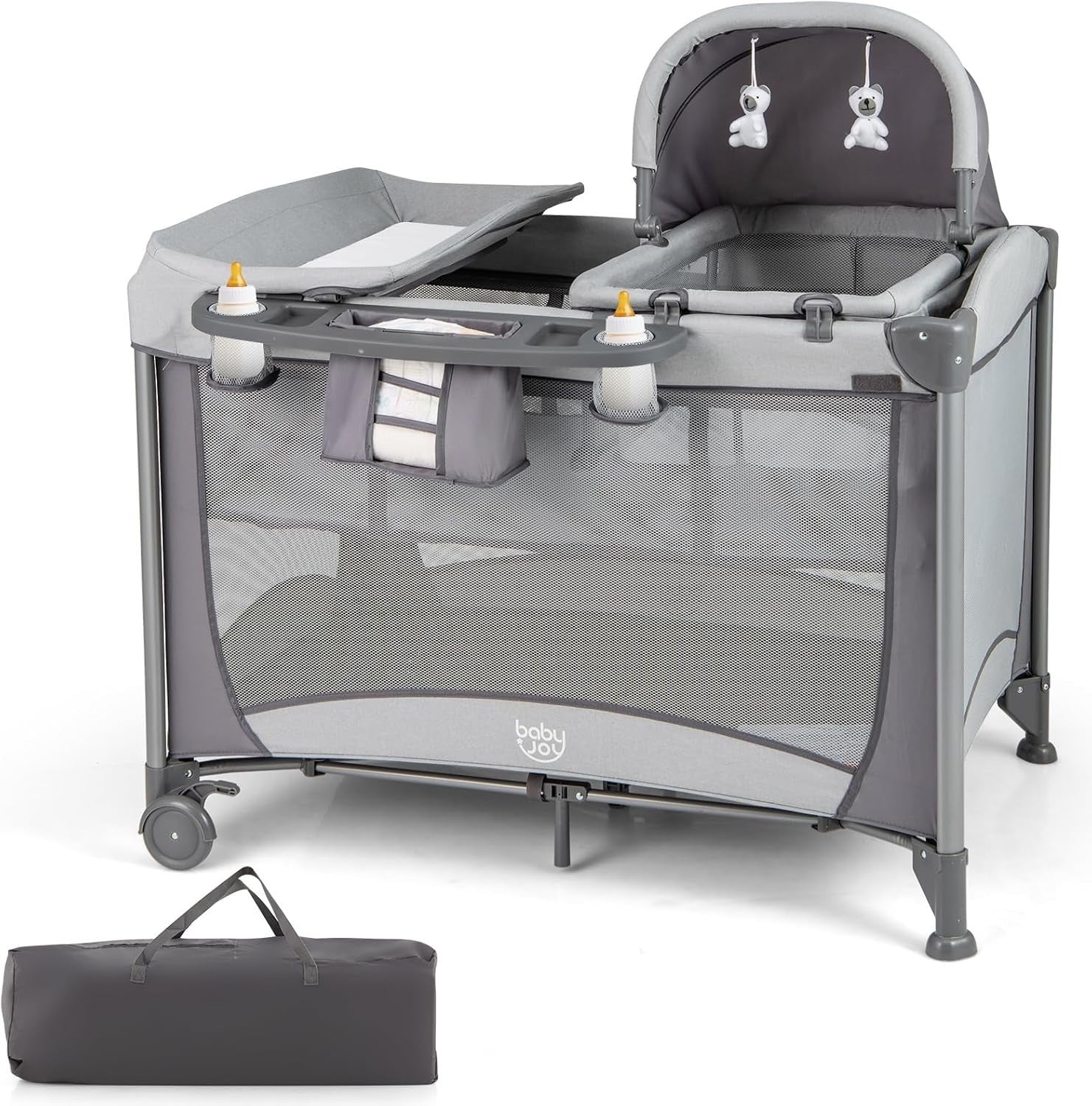 5in1 Travel Cot Baby Bedside Crib Bassinet w/ Mattress Folding Playard Grey