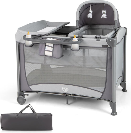 5in1 Travel Cot Baby Bedside Crib Bassinet w/ Mattress Folding Playard Grey