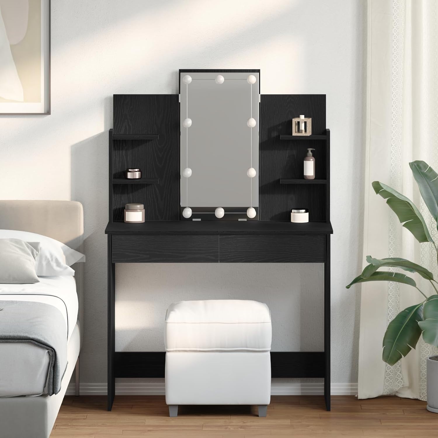 Contemporary Vanity Dresser 6 Drawer LED Mirror Black Oak Makeup Table