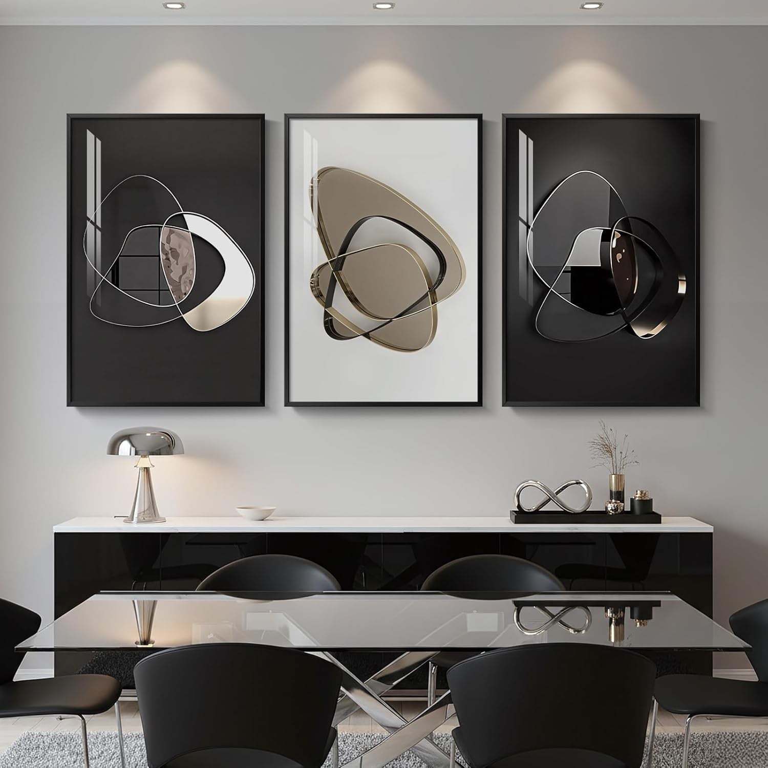 Large Framed Abstract Wall Art 3 Panel 24x36in Black Gold Metal