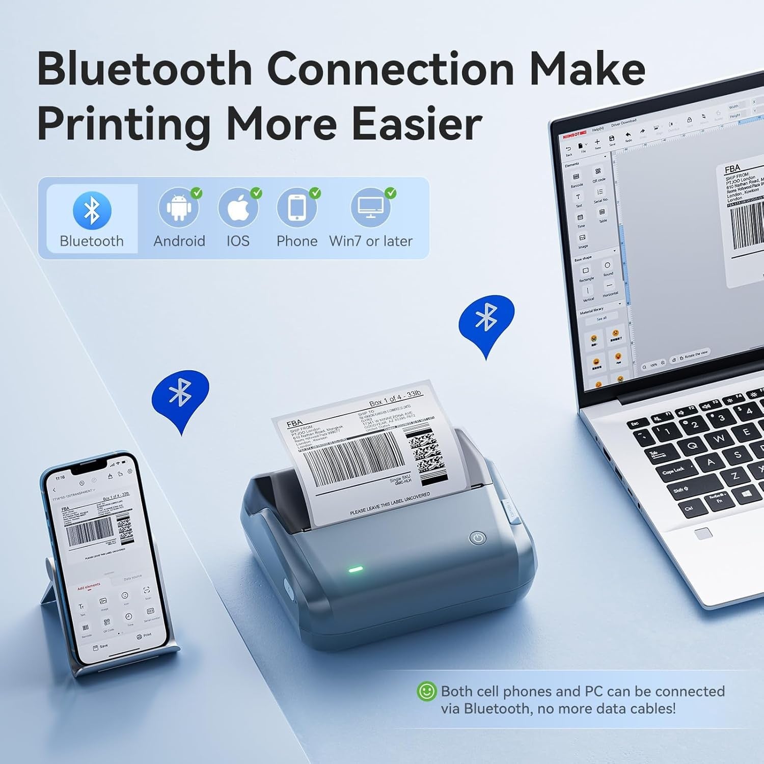 Bluetooth 4x6 Thermal Shipping Label Printer Blue Portable