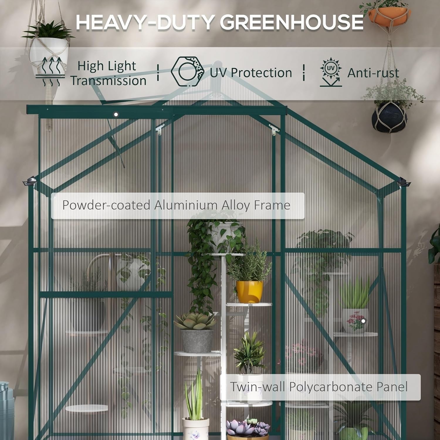 6x2.5ft Aluminium Greenhouse with Polycarbonate Panels & Sliding Door