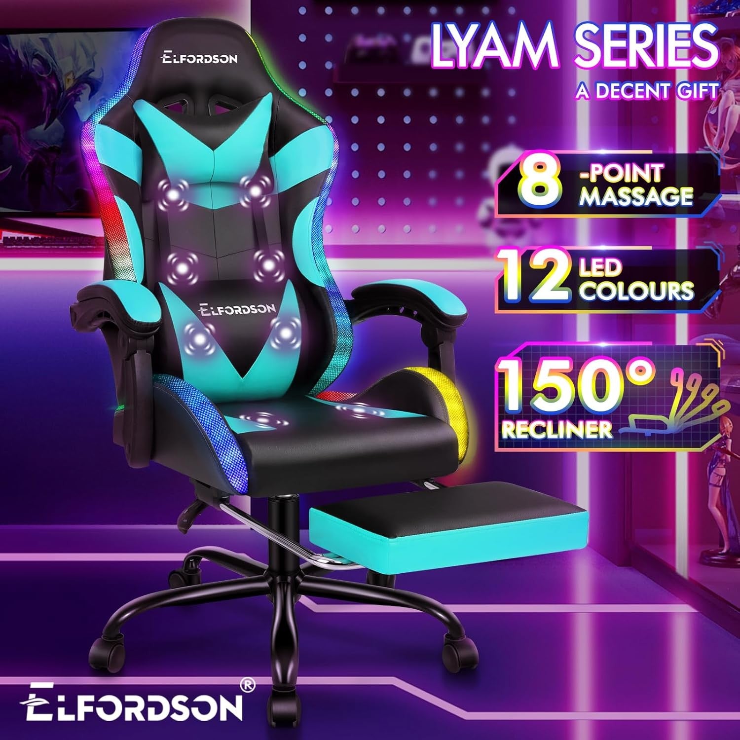 Cyan LED Gaming Chair RGB 8-Point Massage Recliner w/ Footrest