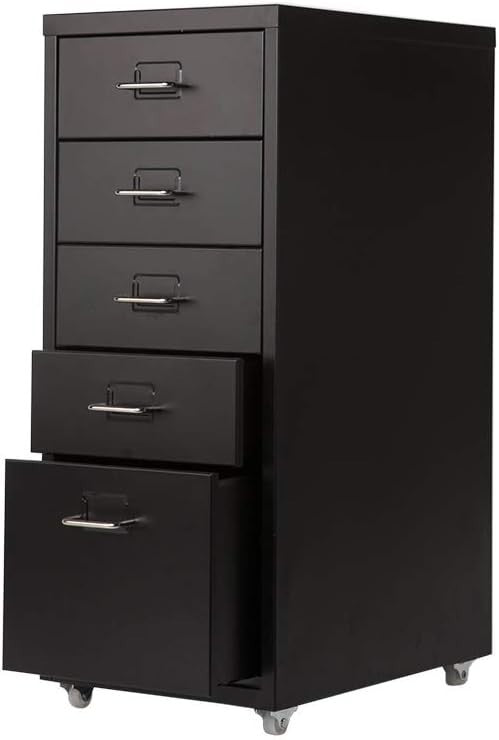 Black Metal Mobile Filing Cabinet 5 Drawer Waterproof Office Storage