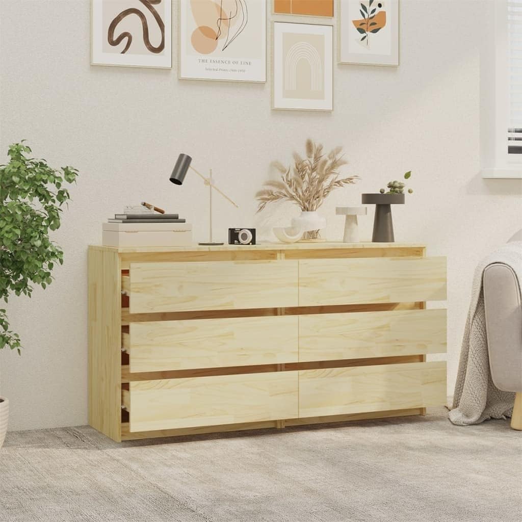 Set of 2 Solid Pine Bedside Tables with 3 Drawers | Natural Wood Nightstands