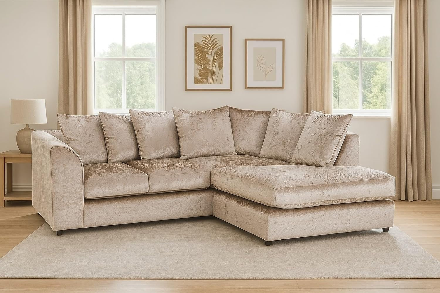 Mink Crushed Velvet Corner Sofa RH – Comfy 4 Seater L Shape Settee Couch