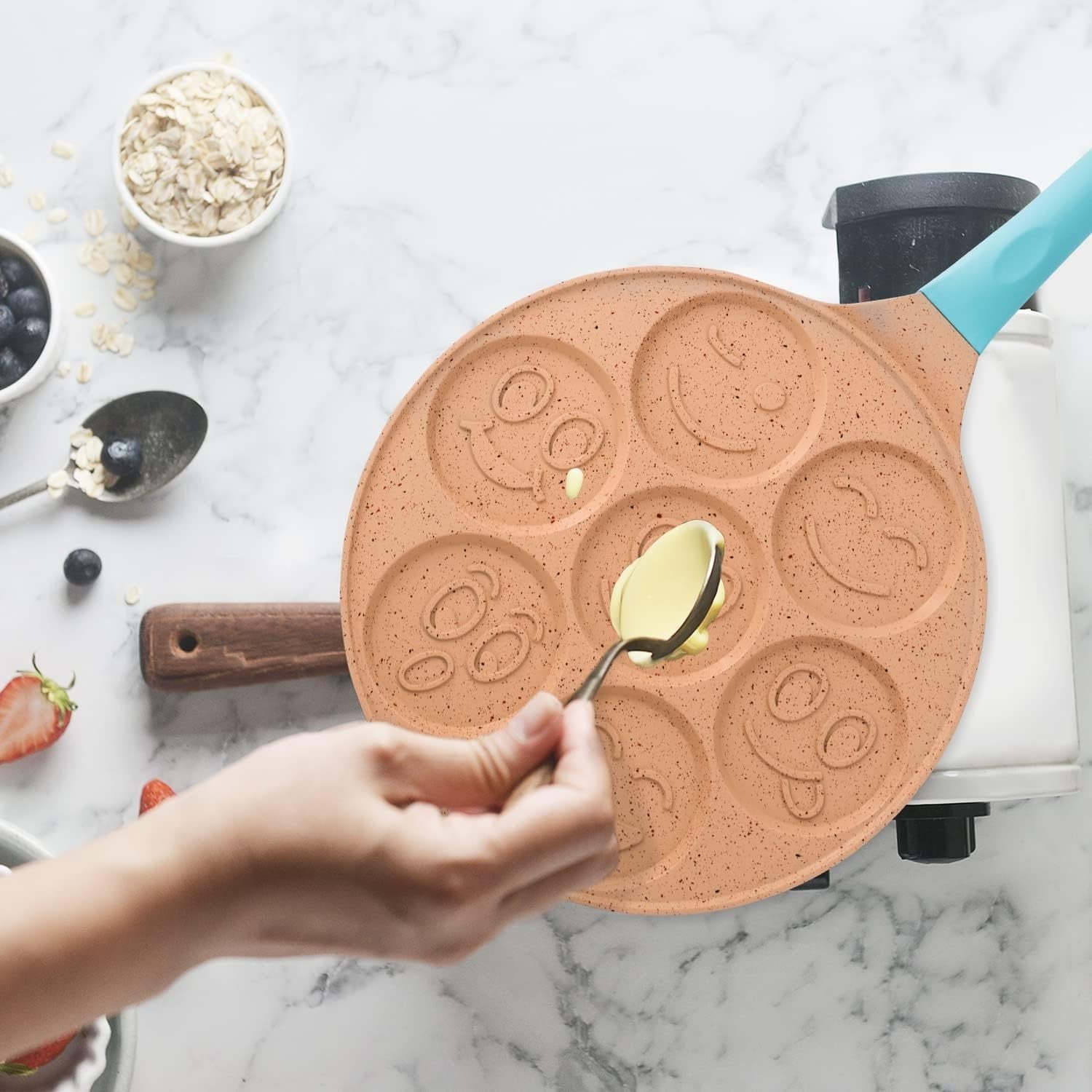 7-Hole Smiley Face Pancake Pan 26cm | Non-Stick Induction Mini Pancake Maker