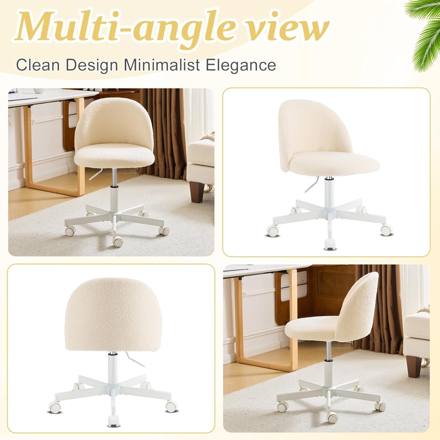 Cream Beige Swivel Desk Chair Small Faux Fur Adjustable Vanity Office Seat